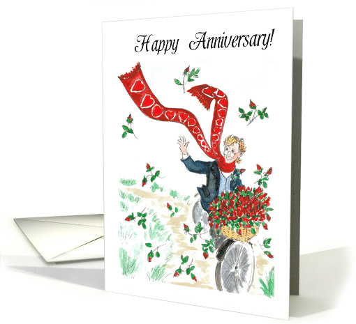 Happy Anniversary Romantic Cyclist With Red Roses and Hearts card