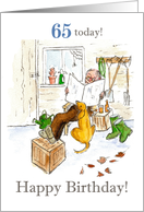 65th Birthday Greetings with Man and Dog in Garden Shed card