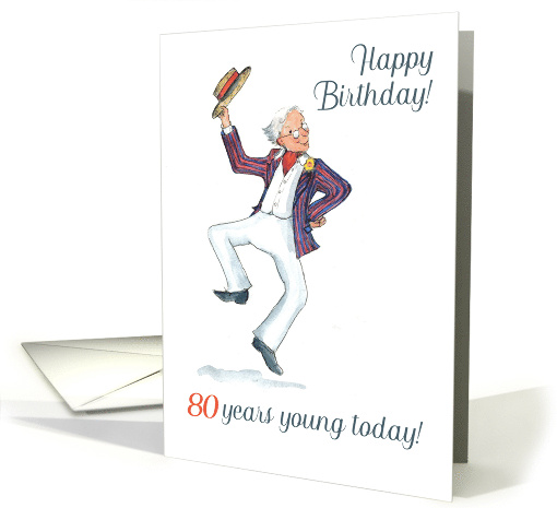 80th Birthday with Man in Blazer and Boater Hat Dancing card (811367)