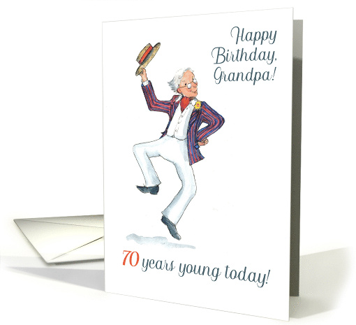Grandpa's 70th Birthday with Man in Blazer and Boater Hat Dancing card