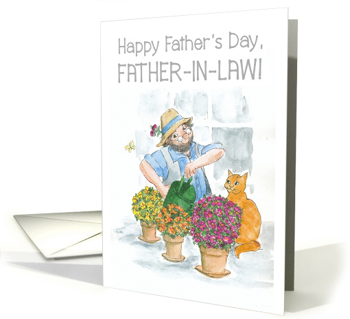 Father in Law Father's Day Gardener with Cat and Flowers card (817463)