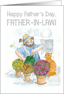 Father in Law Father’s Day Gardener with Cat and Flowers card