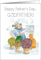 For Godfather on Father’s Day Gardener with Cat and Flowers card