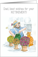 For Dad Retirement Wishes with Gardener and Cat in Greenhouse card