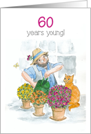 For 60 year old with Gardener in Greenhouse with Cat card