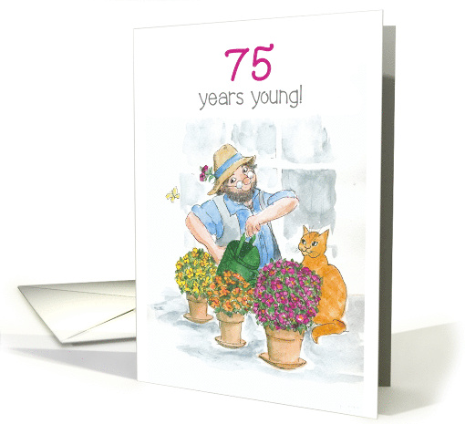 For 75 year old with Gardener in Greenhouse with Cat card (817490)