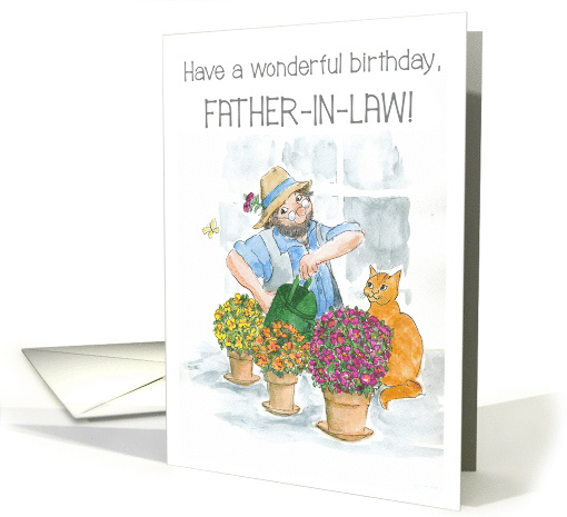 Father in Law's Birthday with Gardener in Greenhouse with Cat card