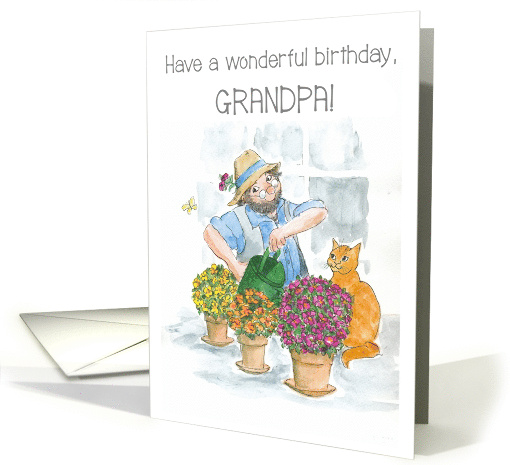 Grandfather's Birthday with Gardener in Greenhouse with Cat card