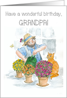 Grandfather’s Birthday with Gardener in Greenhouse with Cat card