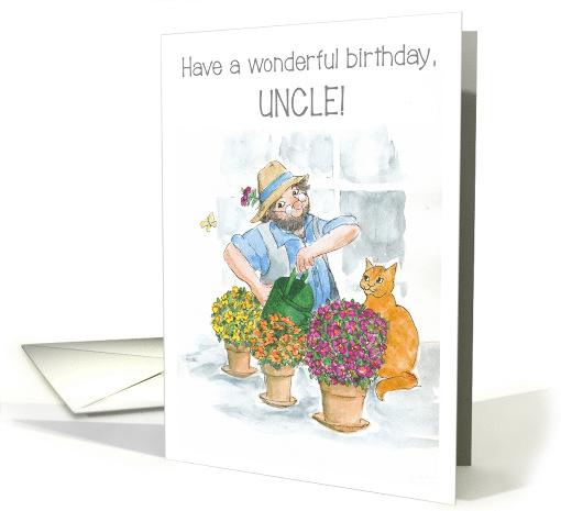 Uncle's Birthday with Gardener in Greenhouse with Cat card (817501)