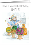 Uncle’s Birthday with Gardener in Greenhouse with Cat card
