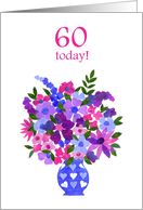 60th Birthday with Bouquet of Pink and Blue Flowers card