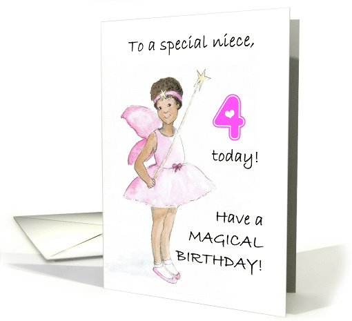 For Niece's 4th Birthday with Black Fairy in Pink Dress and Wings card