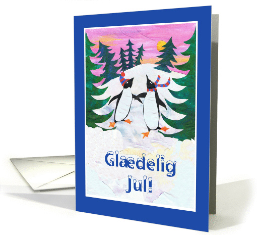 Christmas Card with Danish Greeting and Skating Penguins card (871016)