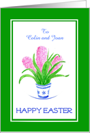 Custom Front Easter Greetings with Pink Hyacinths card