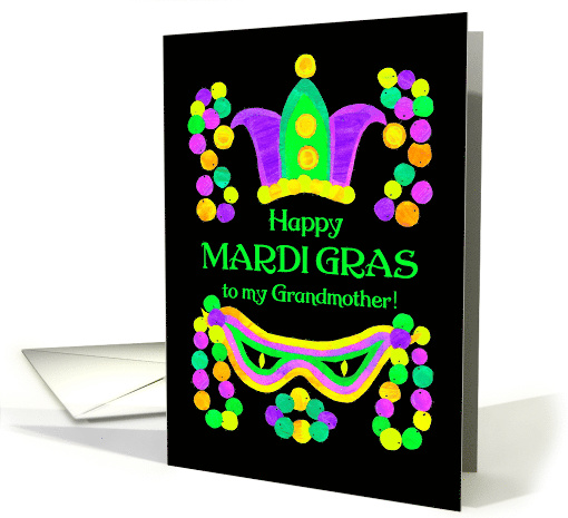 For Grandmother Mardi Gras with Bright Beads Mask and Crown card