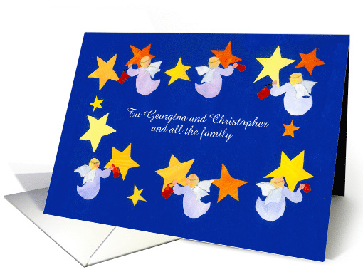 Custom Front Christmas Greeting with Angels Polishing Stars card