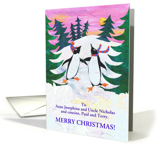 Custom Front Christmas Greeting with Ice Skating Penguins card