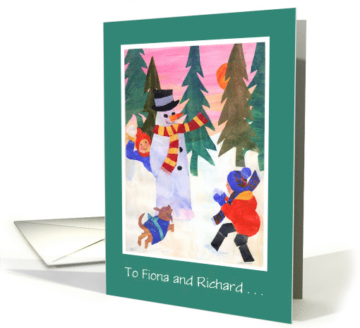 Custom Name Christmas Greeting with Snowman and Children Playing card
