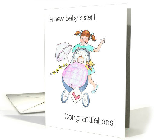 New Baby Congratulations with Girl Pushing Baby in Stroller card