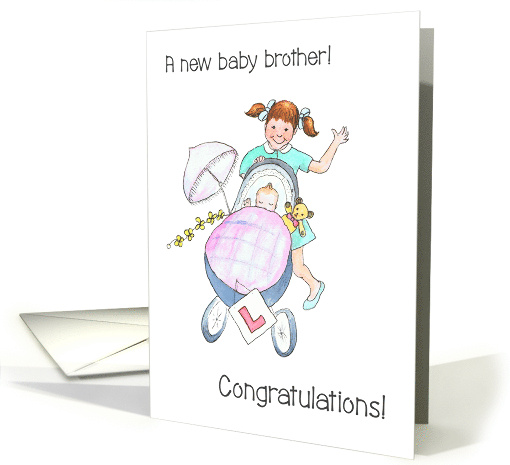 New Baby Congratulations with Girl Pushing Baby in Stroller card