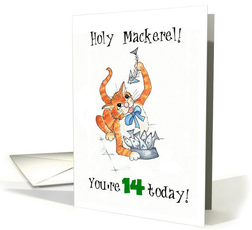 Holy Mackerel, 14th Birthday Card, Comic Cat card (896355)