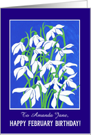 Custom Name Birthday Greetings with Snowdrops on Blue card