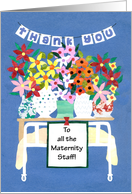 Maternity Staff Thank You with Hospital Bed and Flowers card