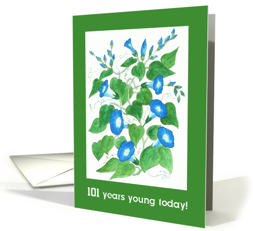 Custom Age Birthday Greetings with Blue Morning Glory Flowers card