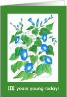 Custom Age Birthday Greetings with Blue Morning Glory Flowers card