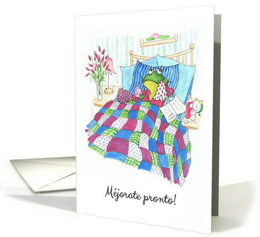 Get Well in Spanish with Fun Frog in Bed Blank Inside card (930345)