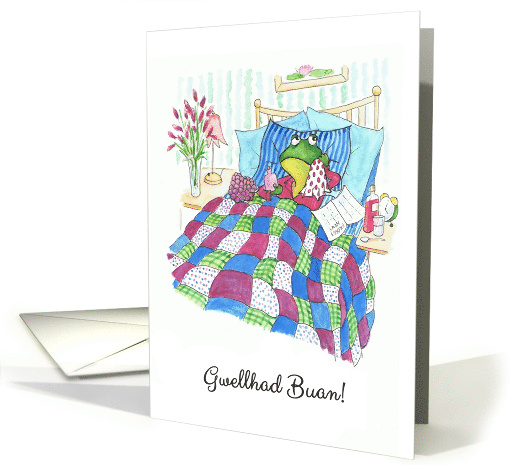 Get Well in Welsh with Fun Frog in Bed Blank Inside card (930350)