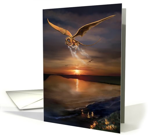 Golden Dragon flying over a bay at Sunset with flames on water card