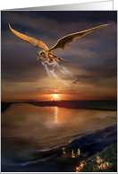 Golden Dragon flying over a bay at Sunset with flames on water card