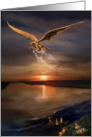 Golden Dragon flying over a bay at Sunset with flames on water card