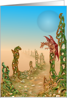 Lonely - a dragon alone on a desolate planet with a blue moon in the sky card