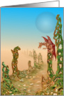 Lonely - a dragon alone on a desolate planet with a blue moon in the sky card