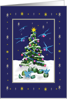 Baby Dragons and Christmas tree, blue card