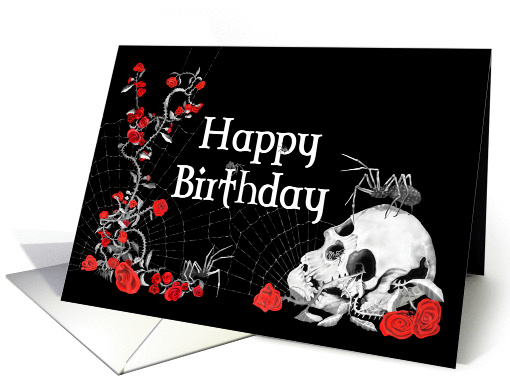 Spiders, Roses and Skull Birthday Card with black background card