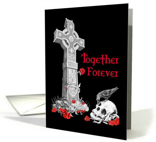 Celtic Cross, Raven, Roses and Skull Valentines Day Card on black card