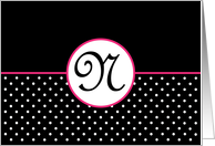 Pink White and Black Polka Dot Monogram - N card
