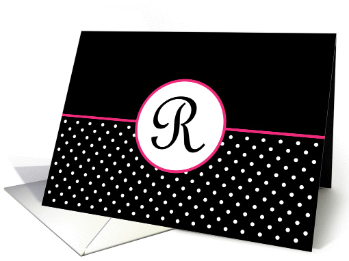 Pink White and Black Polka Dot Monogram - R card (1306826)