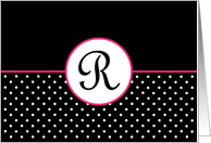 Pink White and Black Polka Dot Monogram - R card