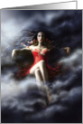 Woman witch in clouds in red dress card