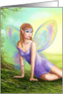 Fantasy fairy butterfly sits on grass in wood. card