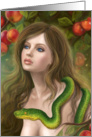 Apple temptation. Beautiful woman Eve and snake. card