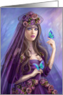 Beautiful woman fairy and blue butterflies. Fantasy illustration card