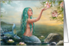 Mermaid in the Sunset with Green Hair & Lilies card