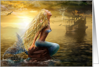 Sea Mermaid with Ghost Ship at Sunset Blank Note Card