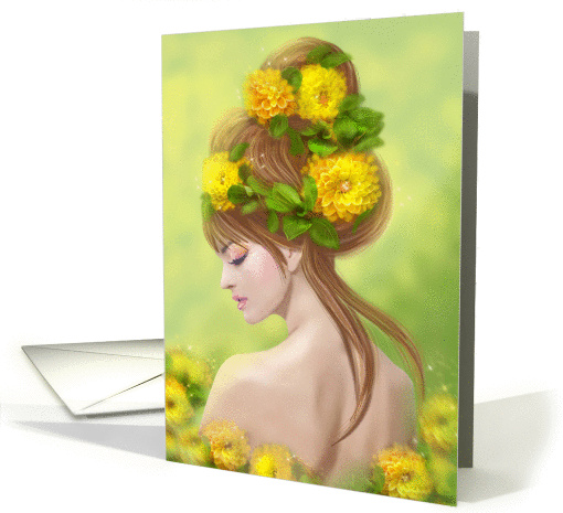 Beautiful Fantasy Spring woman in yellow flowers Blank Note card